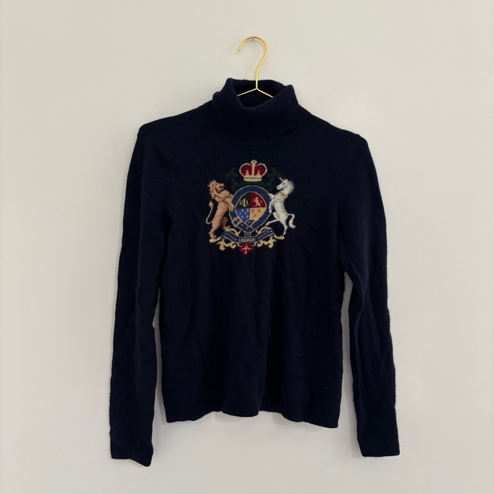 Vintage Ralph Lauren Navy Sweater with Embroidered Crest